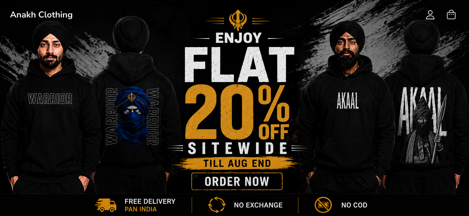 Promotional banner for Anakh Clothing featuring models wearing black hoodies from the front and back, with large text advertising a flat 20% off sitewide.